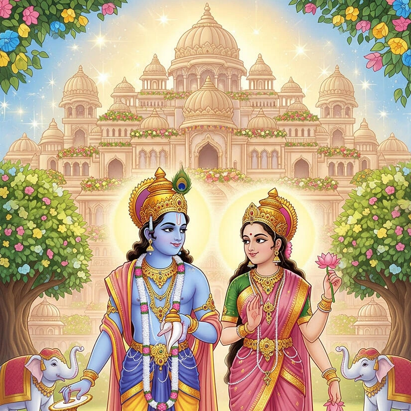 Goddess Lakshmi and Lord Vishnu children's story illustration